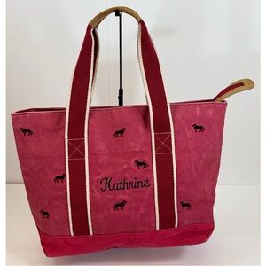 L.L. Bean Vintage Boat Tote Bag Embroidered Black Dog Canvas & Leather Light Red